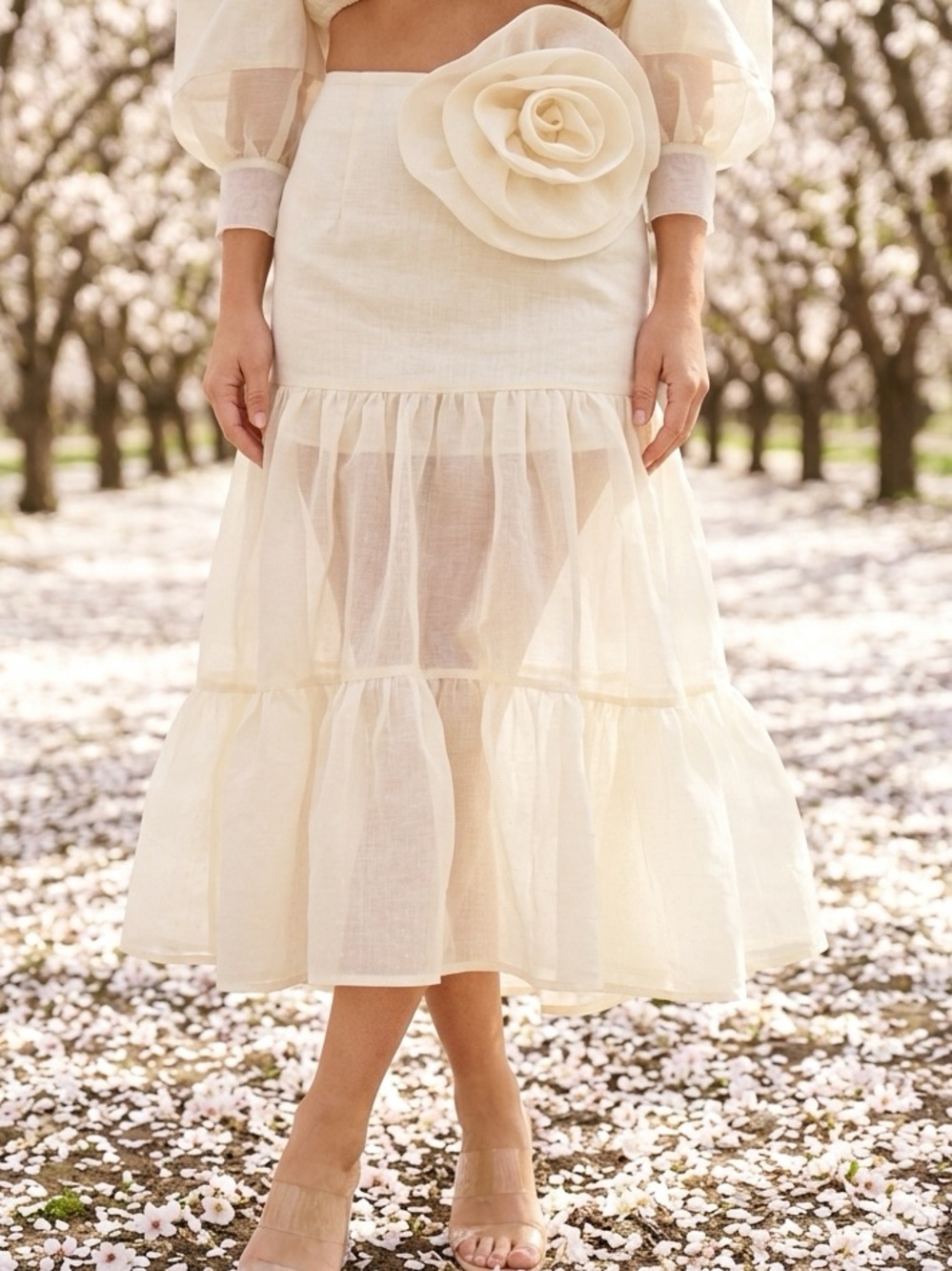 Cream midi maxi skirt flower belt organza flowy shimmery small nwt by Mulla